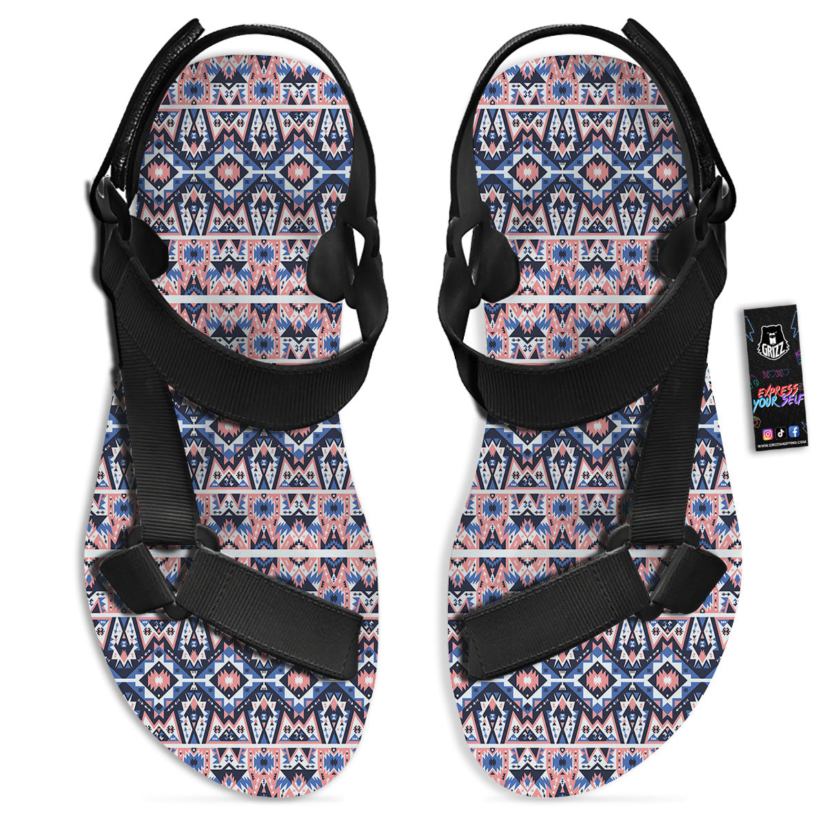 Southwestern Blue And Pink Print Pattern Black Open Toe Sandals-grizzshop