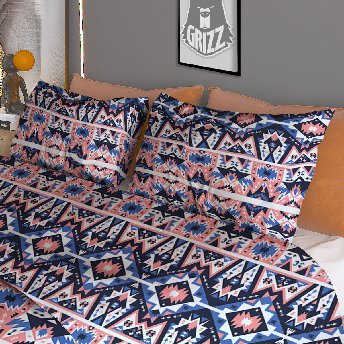 Southwestern Blue And Pink Print Pattern Duvet Cover Bedding Set