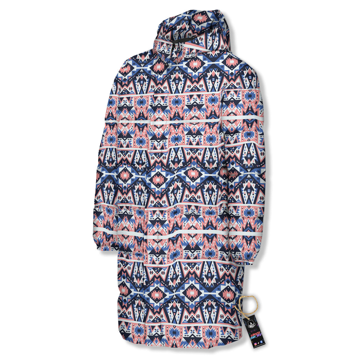 Southwestern Blue And Pink Print Pattern Long Down Jacket-grizzshop