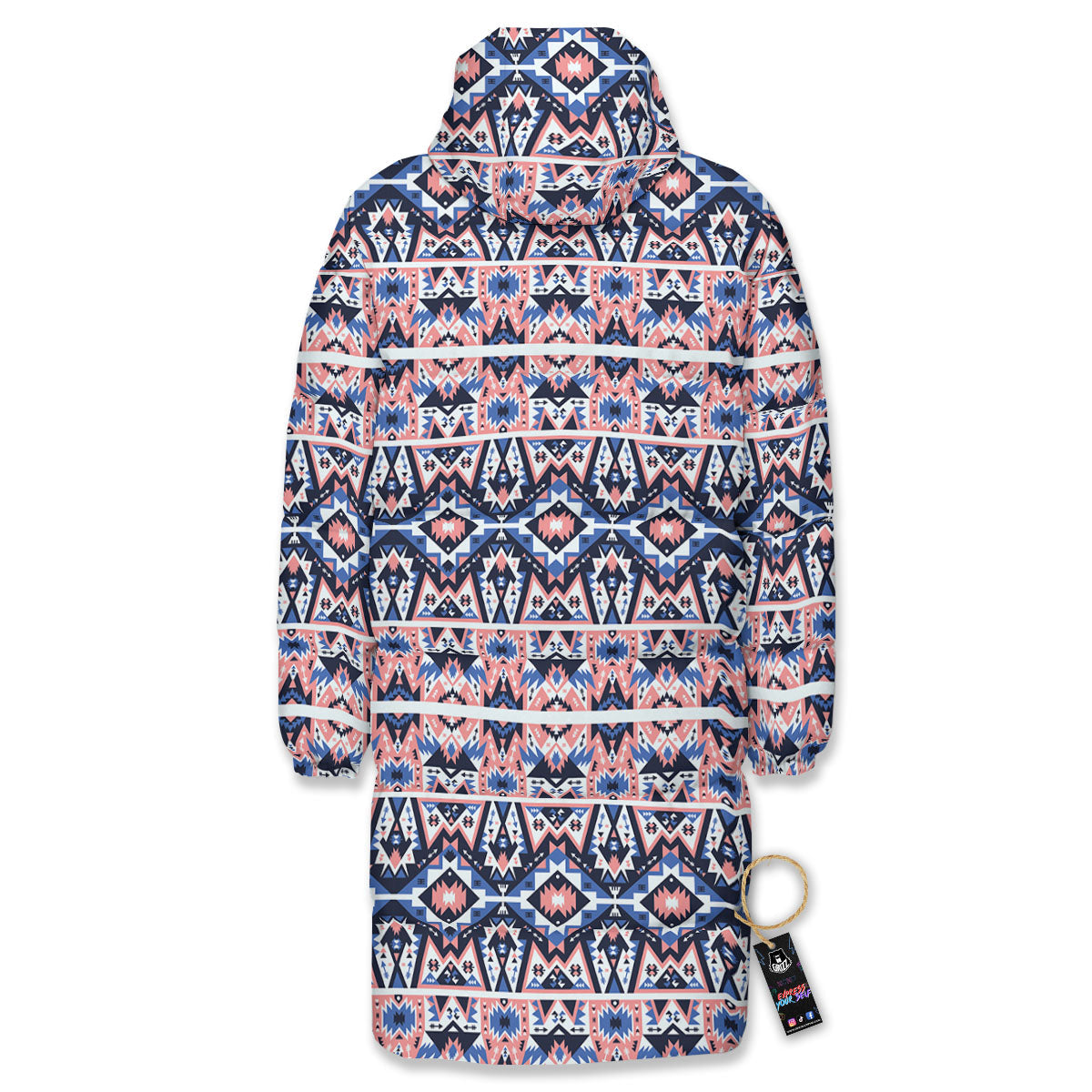 Southwestern Blue And Pink Print Pattern Long Down Jacket-grizzshop