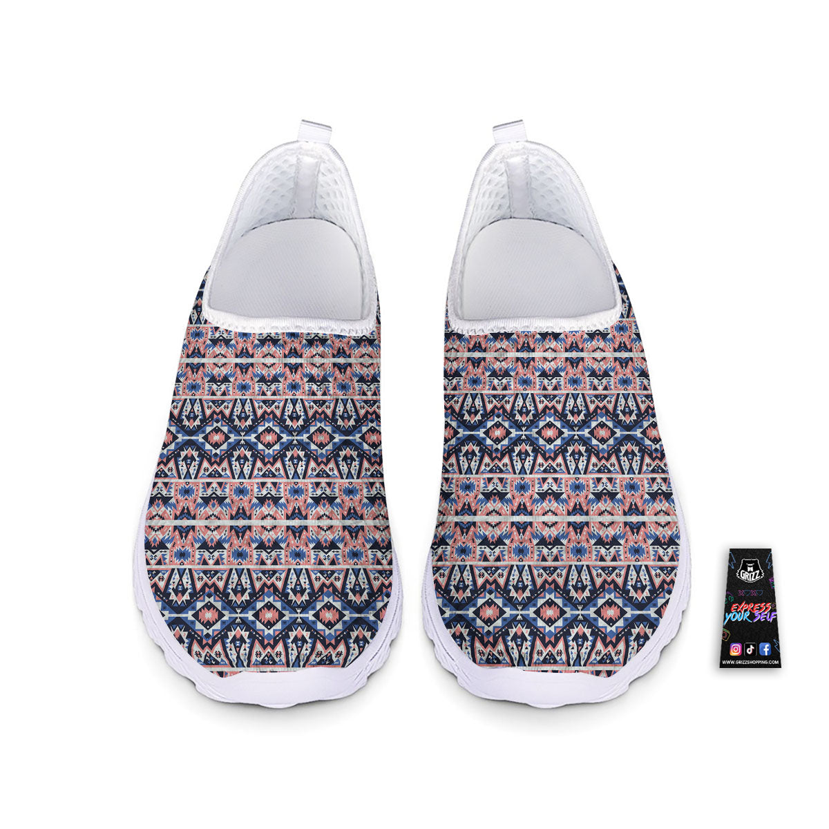 Southwestern Blue And Pink Print Pattern Nurse Shoes-grizzshop