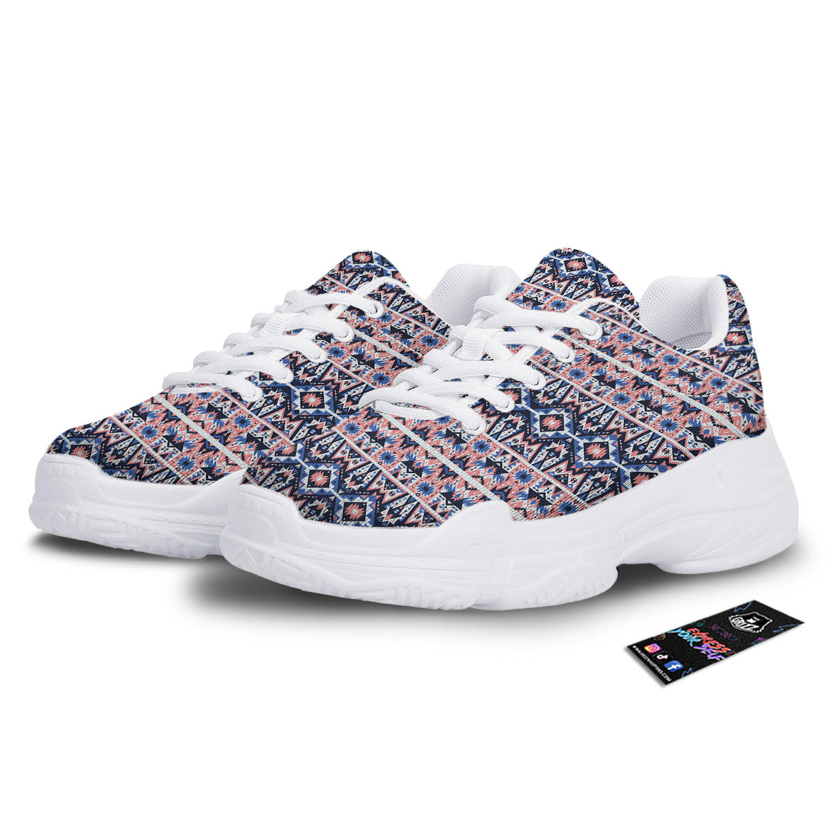Southwestern Blue And Pink Print Pattern White Chunky Shoes-grizzshop
