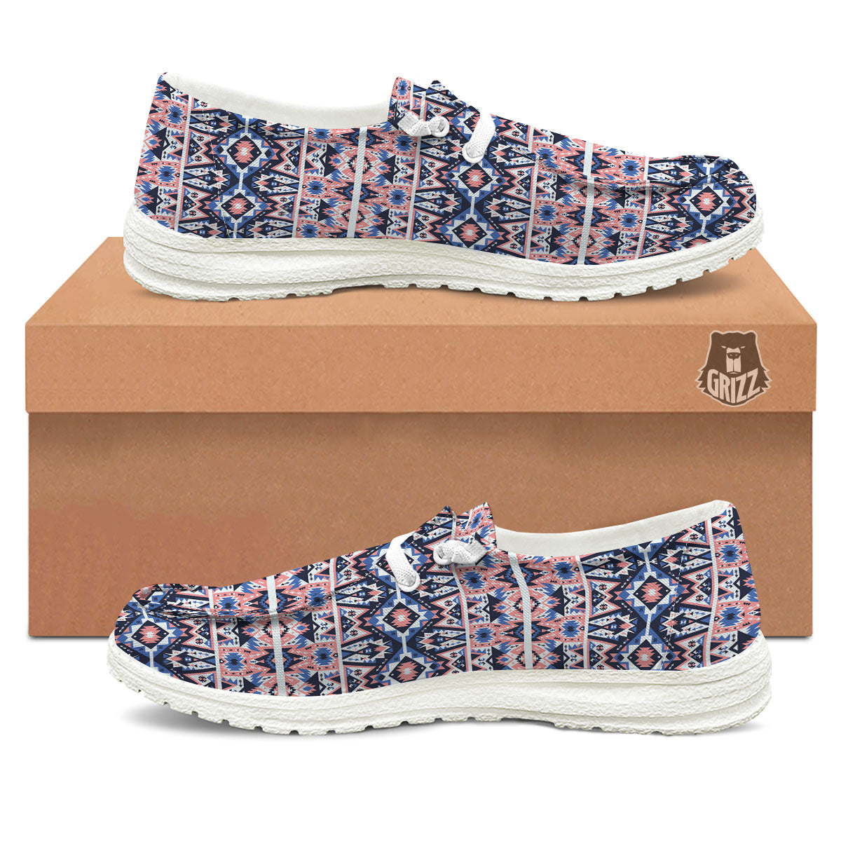 Southwestern Blue And Pink Print Pattern White Loafers-grizzshop
