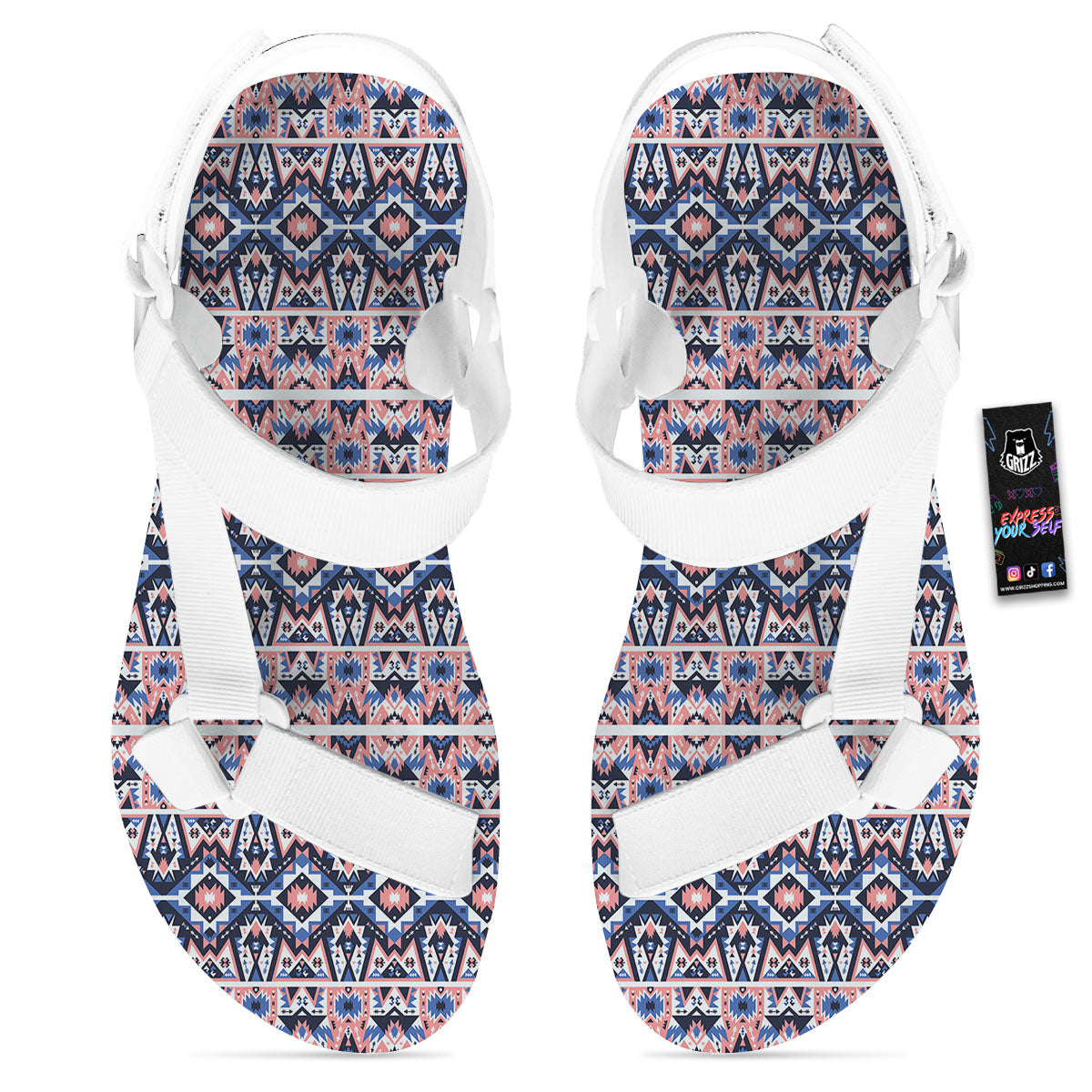 Southwestern Blue And Pink Print Pattern White Open Toe Sandals-grizzshop