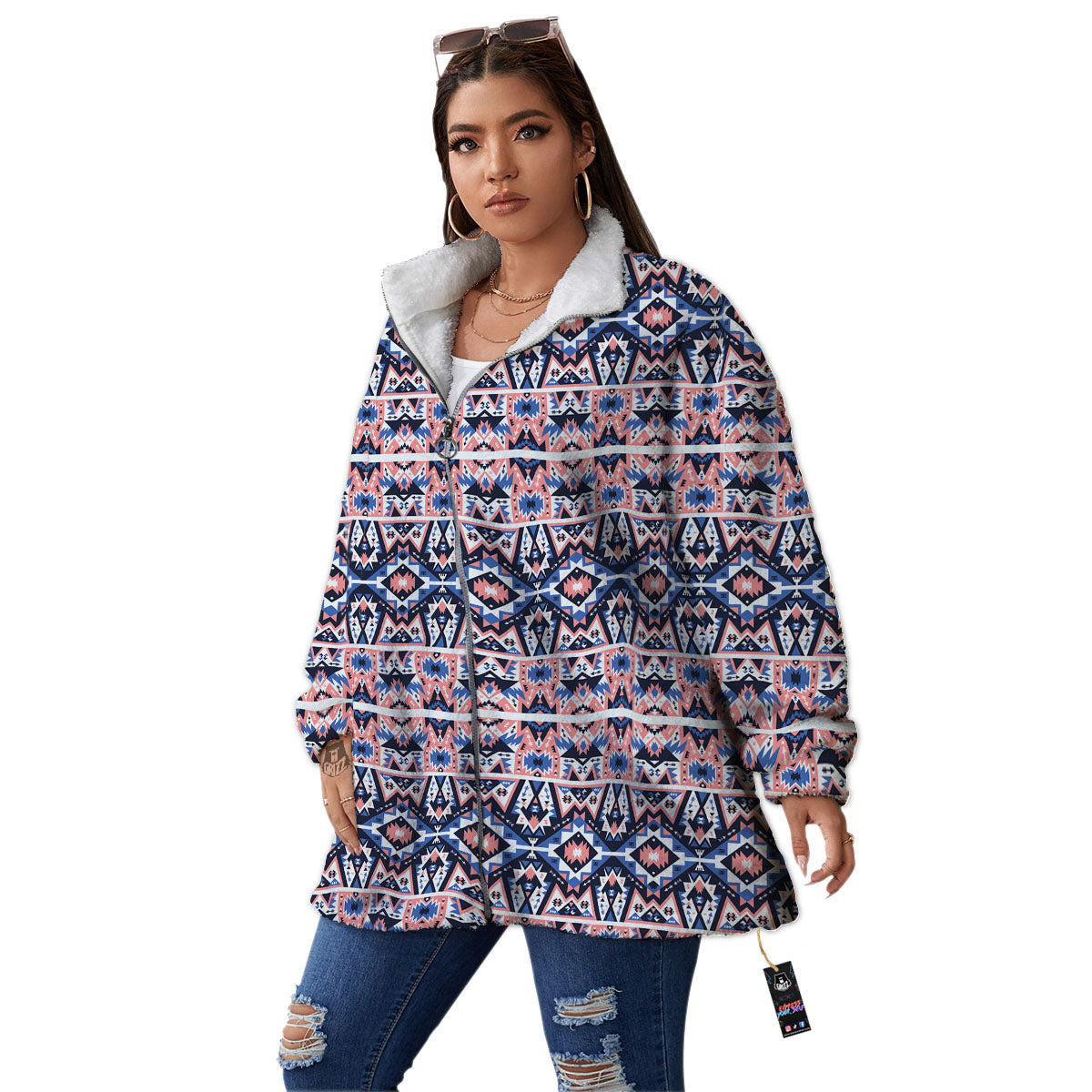 Southwestern Blue And Pink Print Pattern Women's Sherpa Jacket-grizzshop