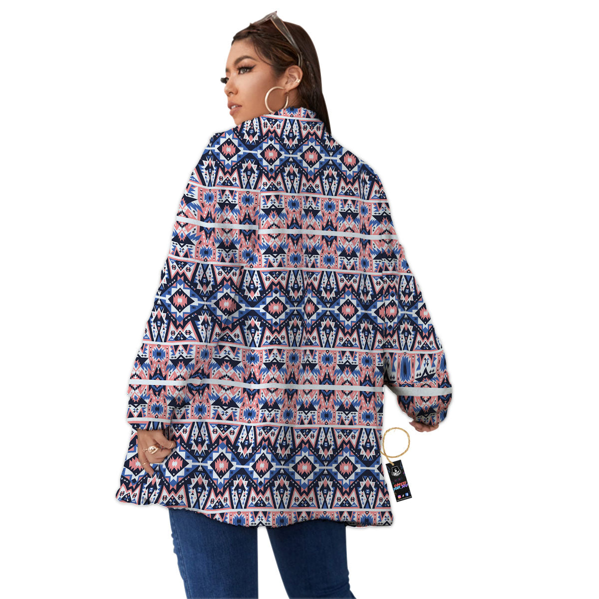 Southwestern Blue And Pink Print Pattern Women's Sherpa Jacket-grizzshop