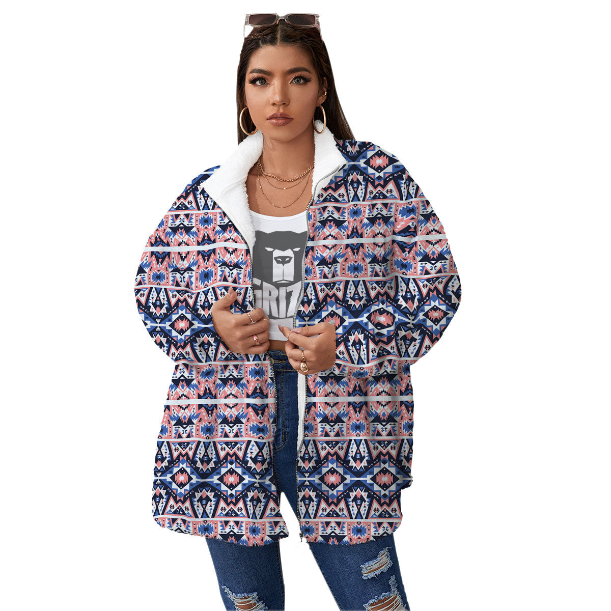 Southwestern Blue And Pink Print Pattern Women's Sherpa Jacket-grizzshop