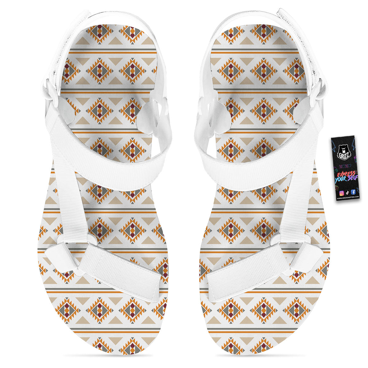 Southwestern Native Print Pattern White Open Toe Sandals-grizzshop
