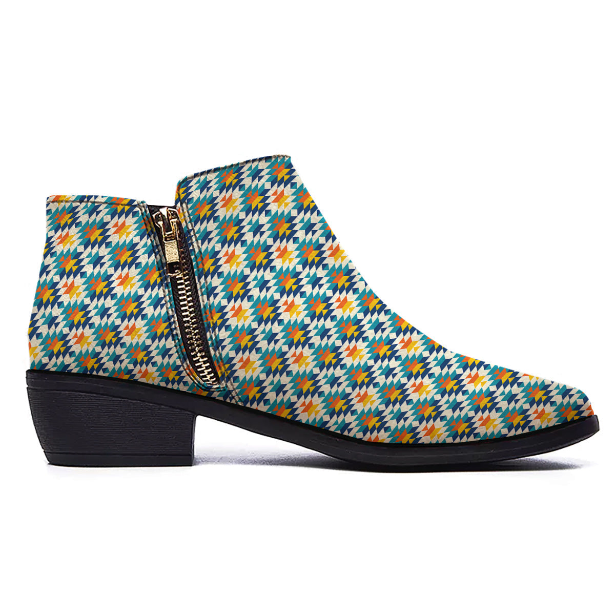 Southwestern Orange And Blue Print Ankle Boots-grizzshop