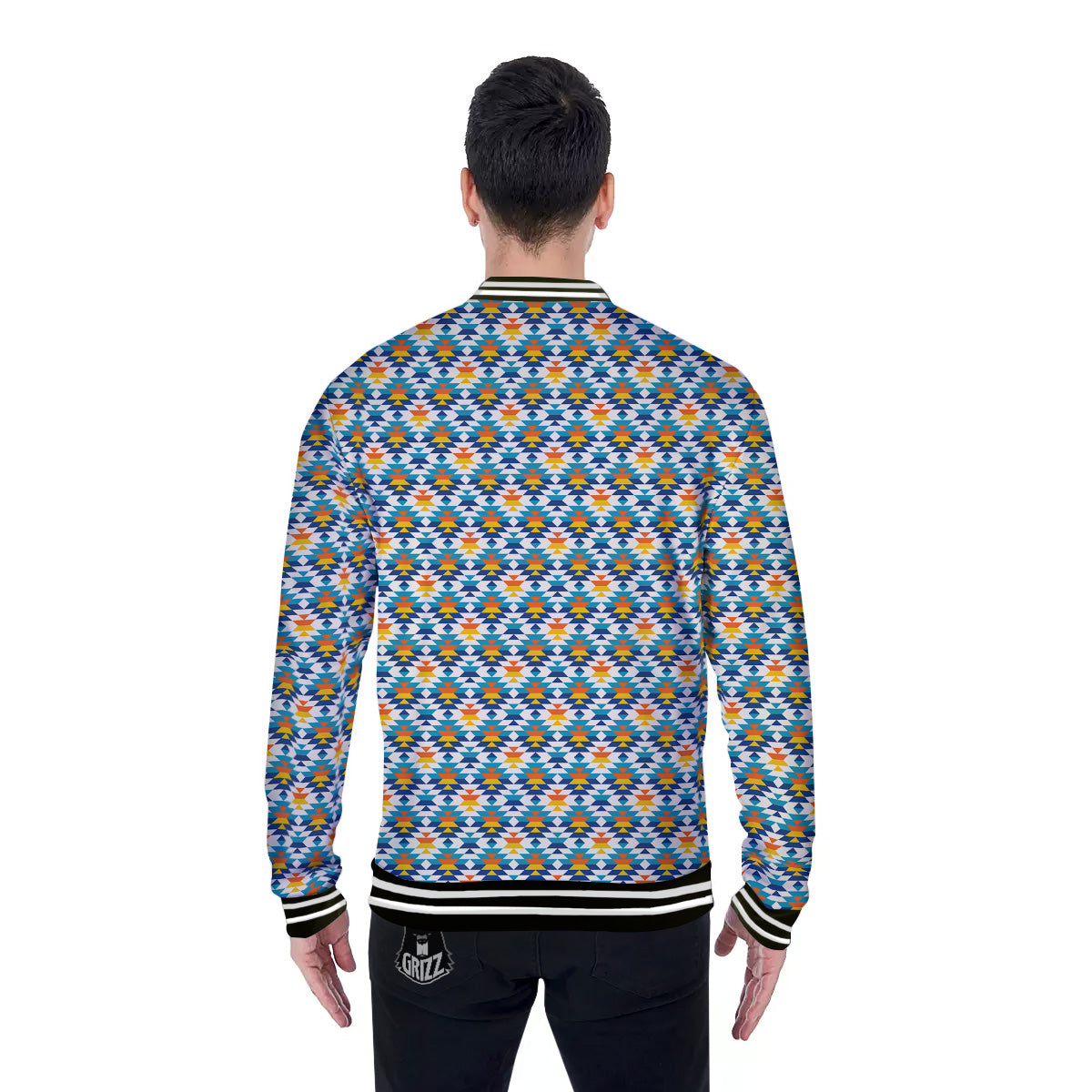 Southwestern Orange And Blue Print Baseball Jacket-grizzshop