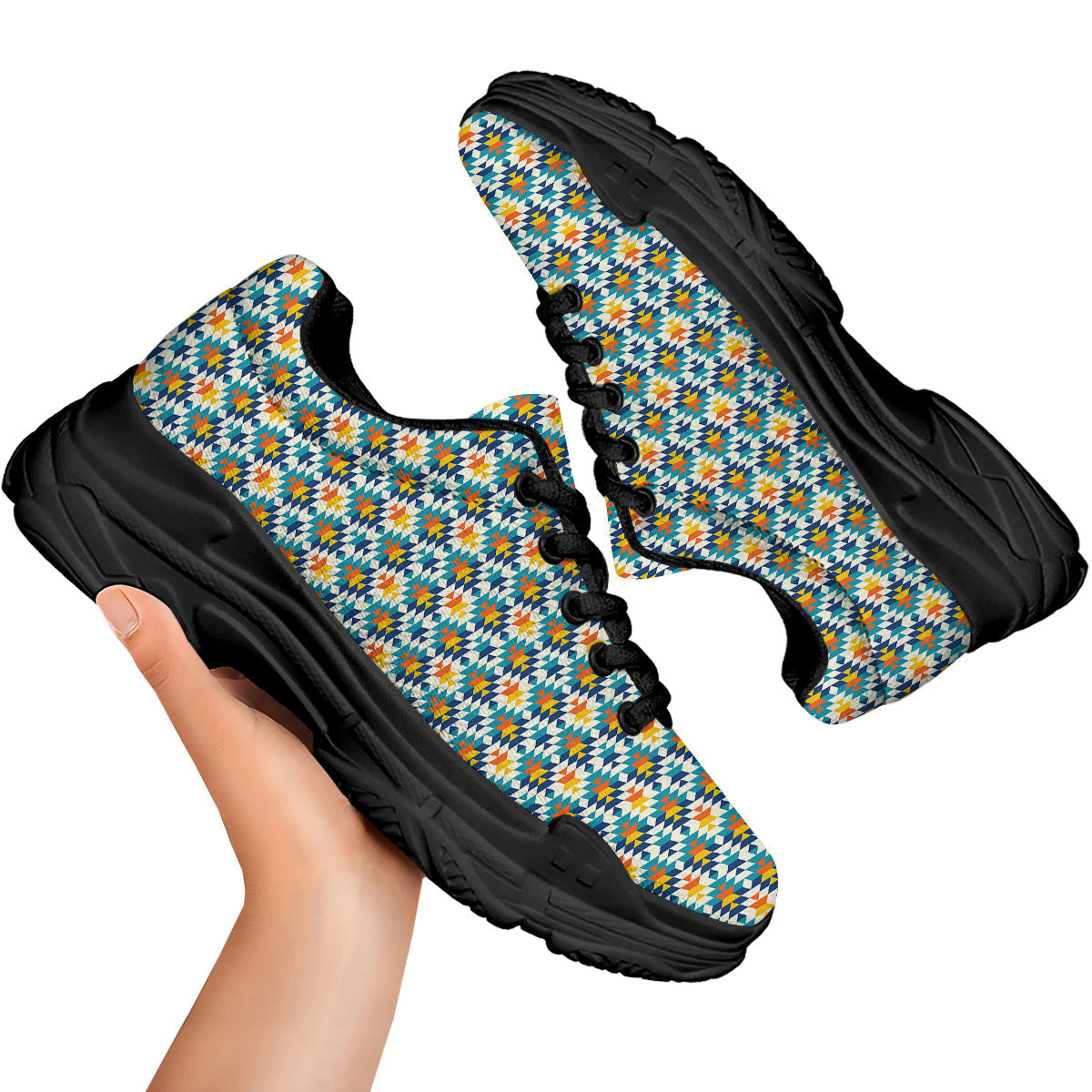 Southwestern Orange And Blue Print Black Chunky Shoes-grizzshop