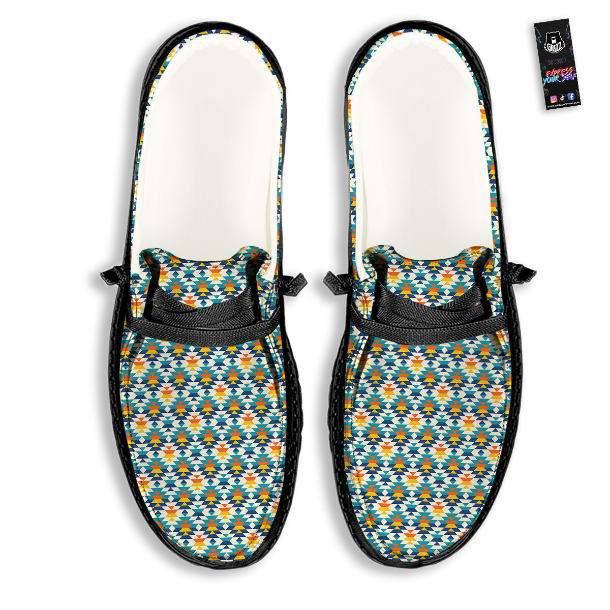 Southwestern Orange And Blue Print Black Loafers-grizzshop