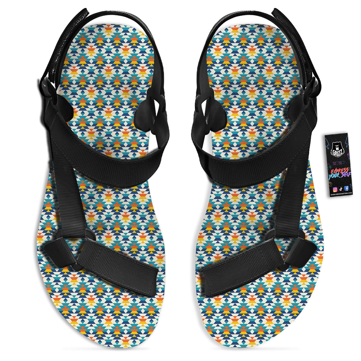 Southwestern Orange And Blue Print Black Open Toe Sandals-grizzshop