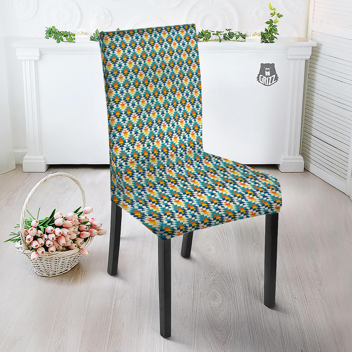 Southwestern Orange And Blue Print Dining Chair Slipcover-grizzshop