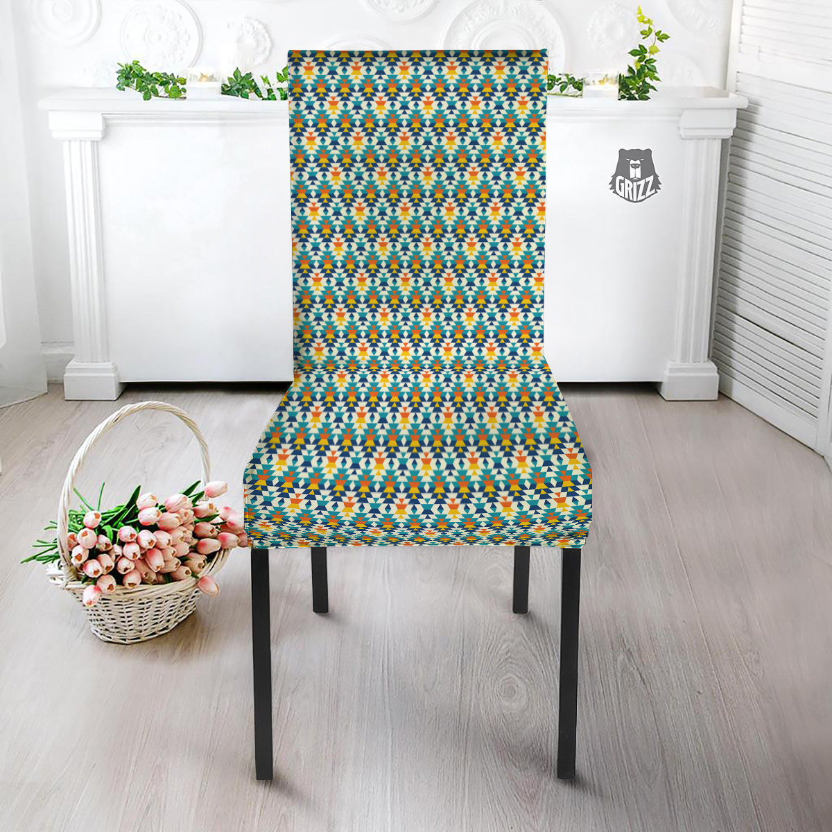Southwestern Orange And Blue Print Dining Chair Slipcover-grizzshop