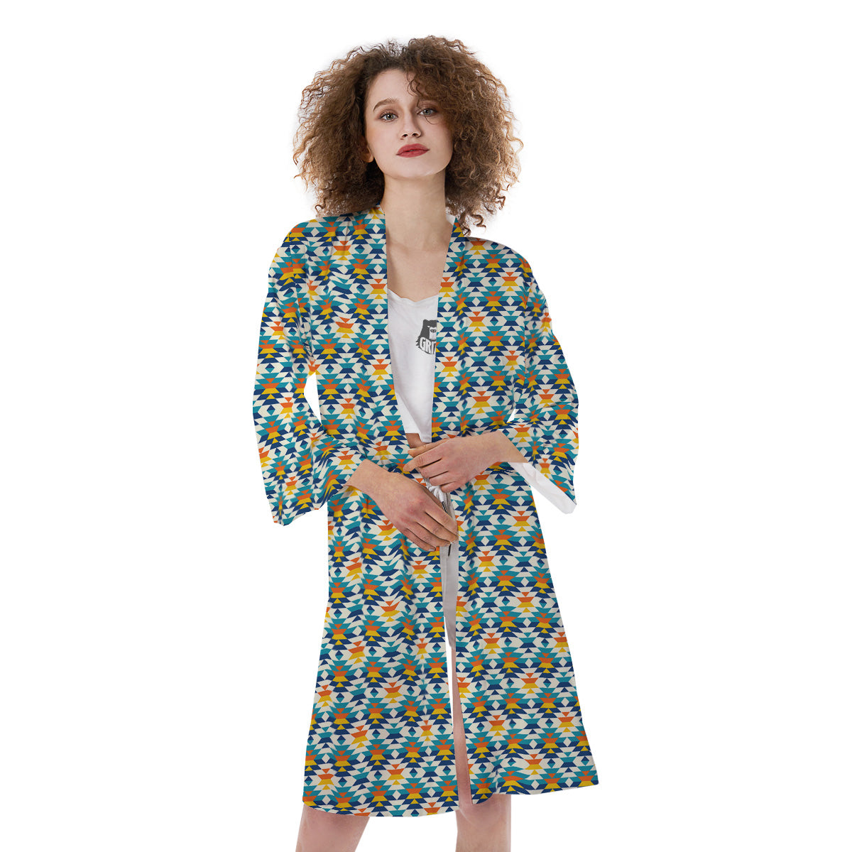 Southwestern Orange And Blue Print Kimono-grizzshop