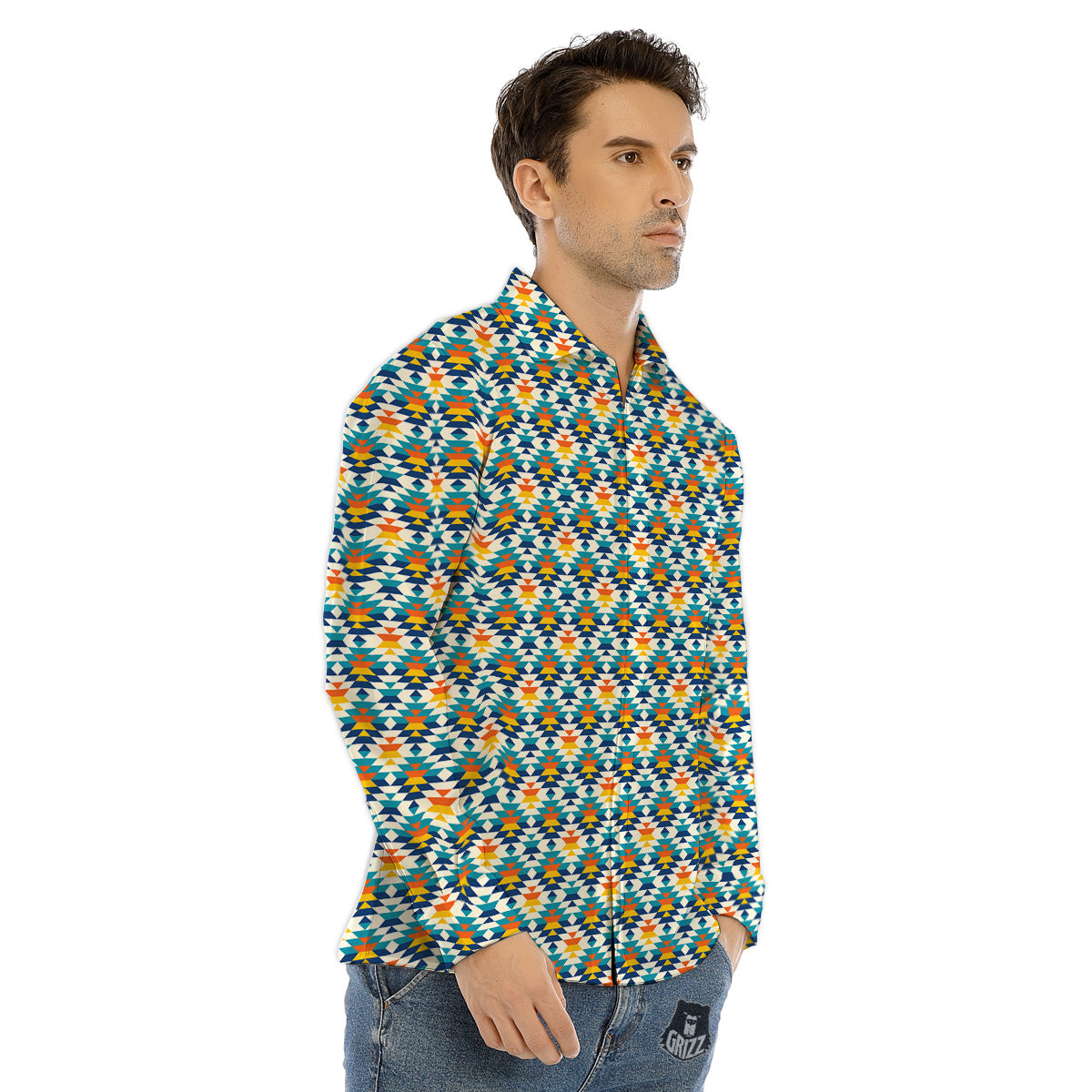 Southwestern Orange And Blue Print Men's Dress Shirts-grizzshop