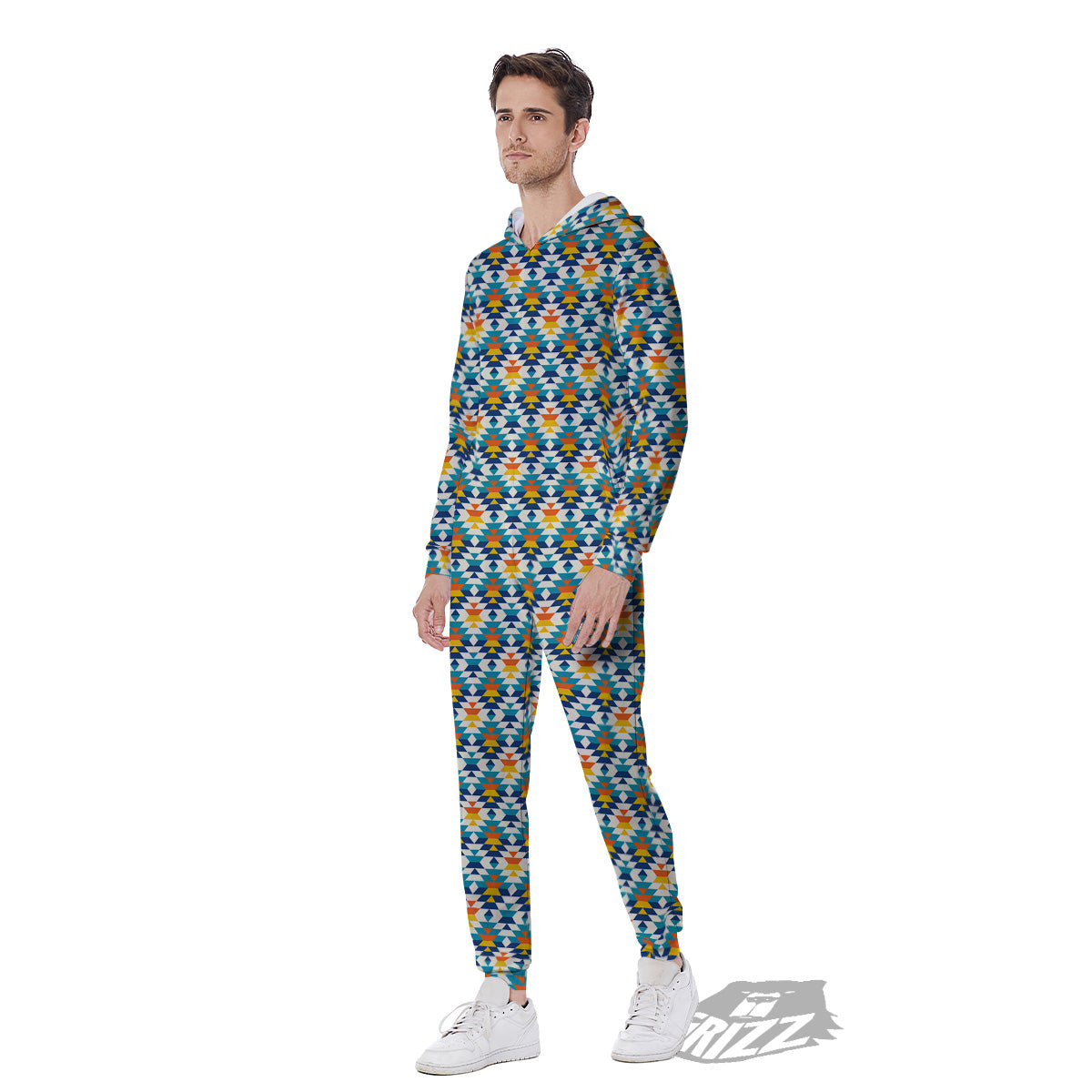Southwestern Orange And Blue Print Men's Jumpsuit-grizzshop