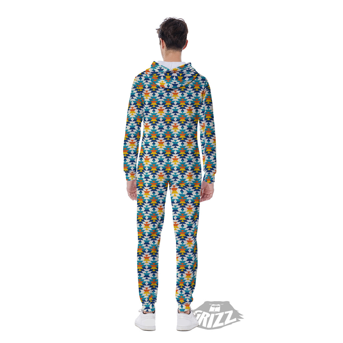 Southwestern Orange And Blue Print Men's Jumpsuit-grizzshop