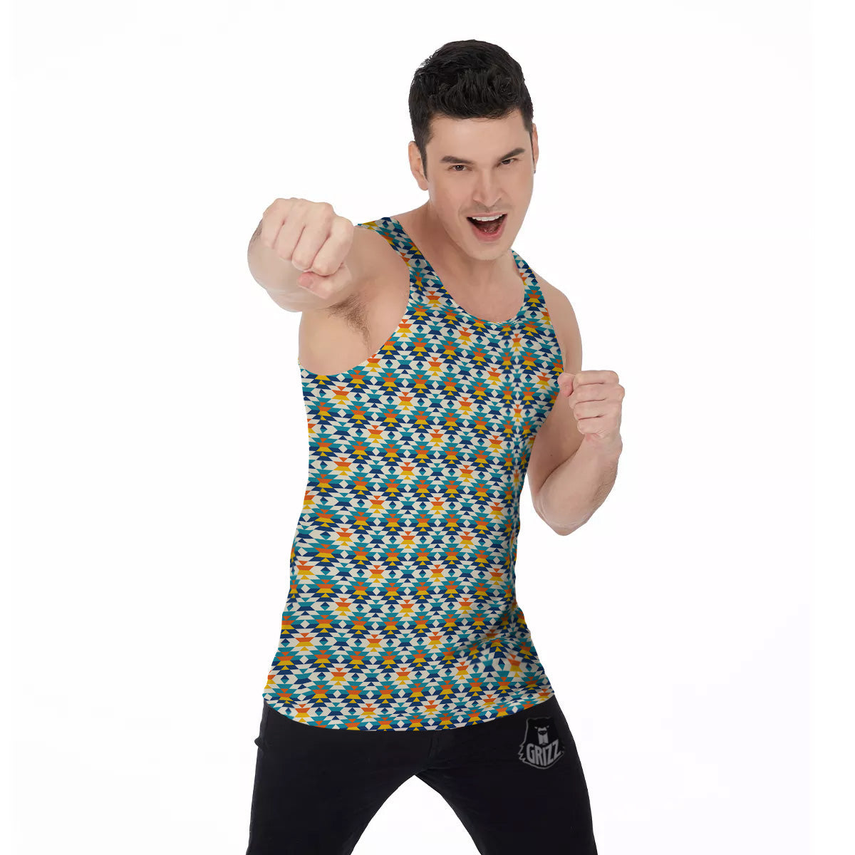 Southwestern Orange And Blue Print Men's Tank Top-grizzshop