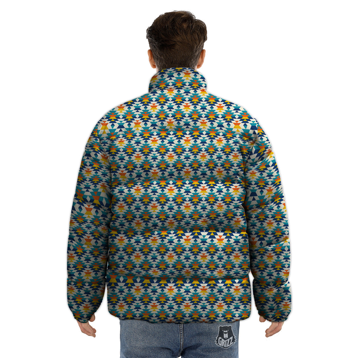 Southwestern Orange And Blue Print Puffer Jacket-grizzshop
