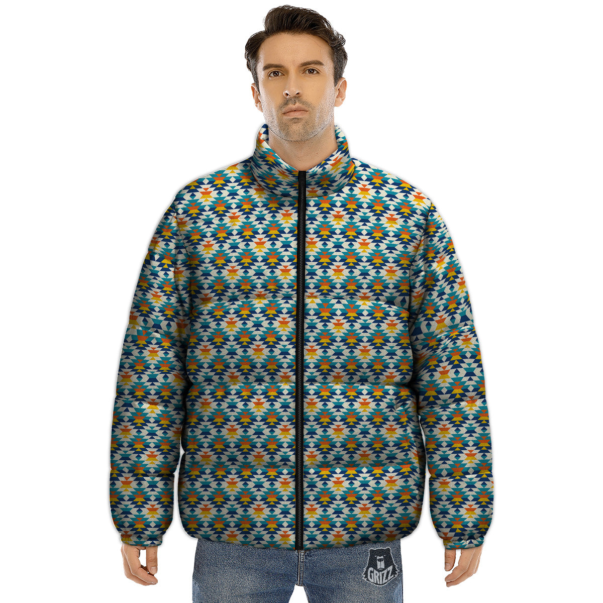 Southwestern Orange And Blue Print Puffer Jacket-grizzshop
