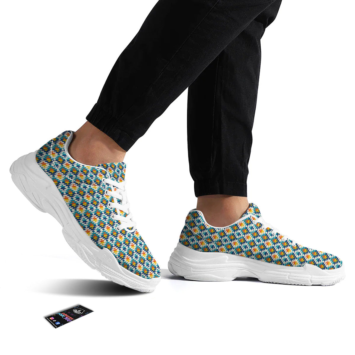 Southwestern Orange And Blue Print White Chunky Shoes-grizzshop