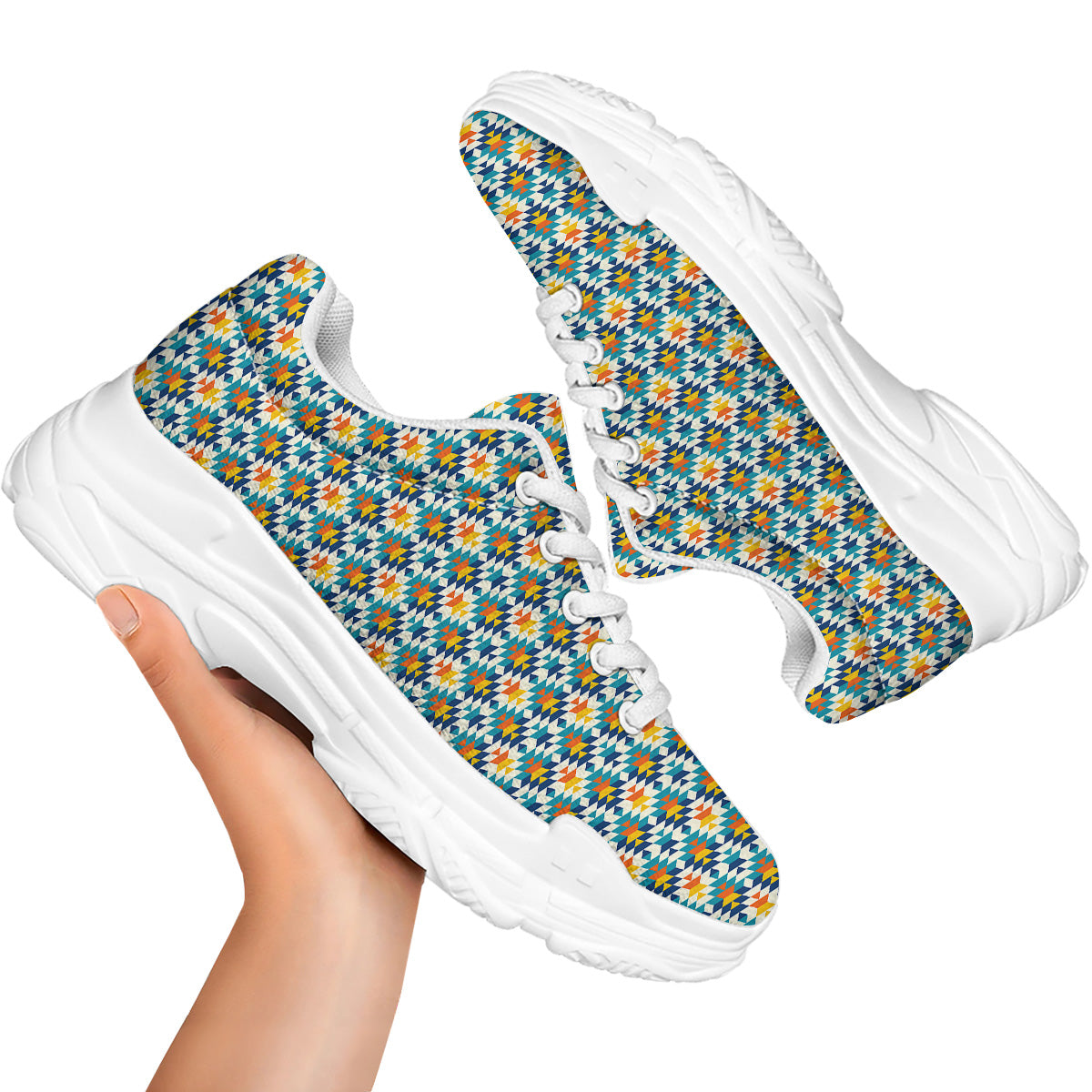 Southwestern Orange And Blue Print White Chunky Shoes-grizzshop