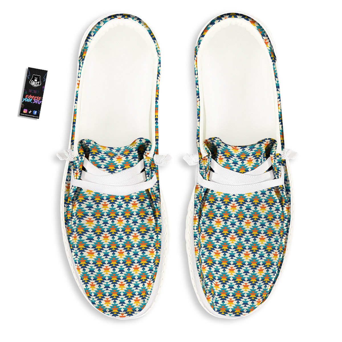 Southwestern Orange And Blue Print White Loafers-grizzshop