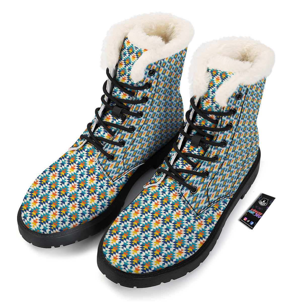 Southwestern Orange And Blue Print Winter Boots-grizzshop