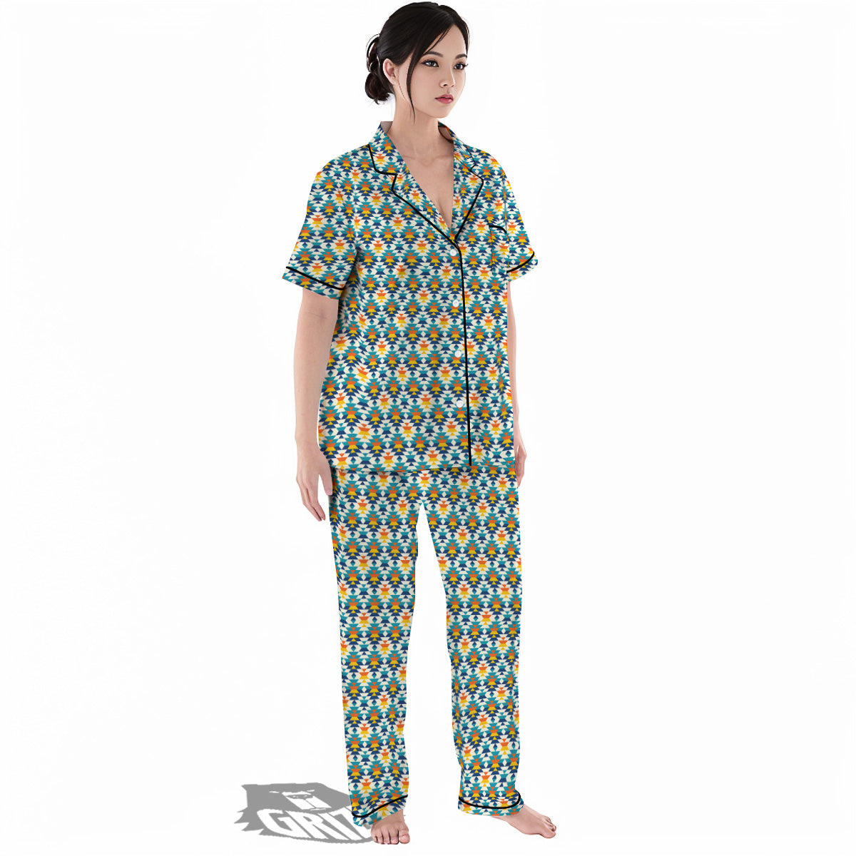 Southwestern Orange And Blue Print Women's Pajamas Set-grizzshop