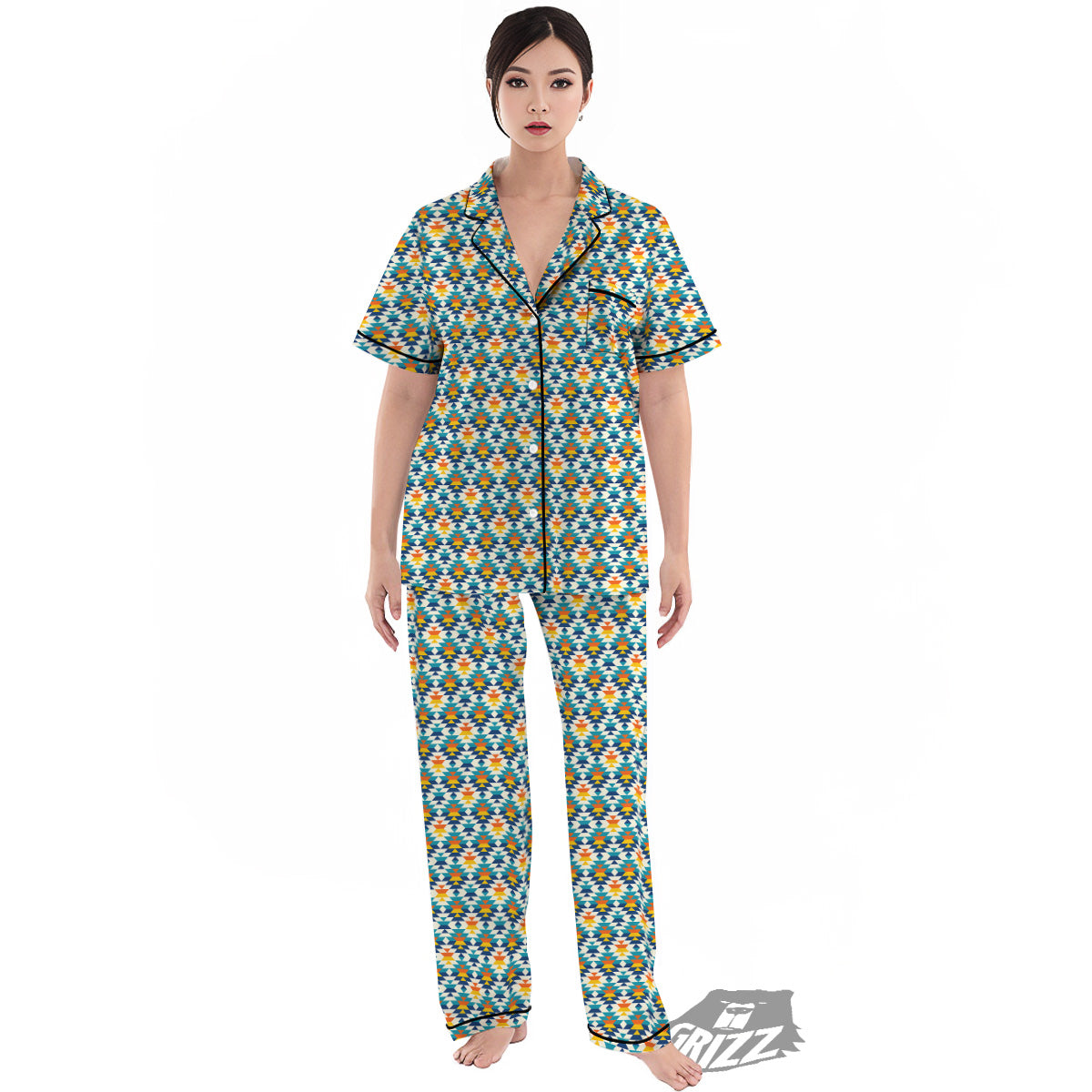 Southwestern Orange And Blue Print Women's Pajamas Set-grizzshop