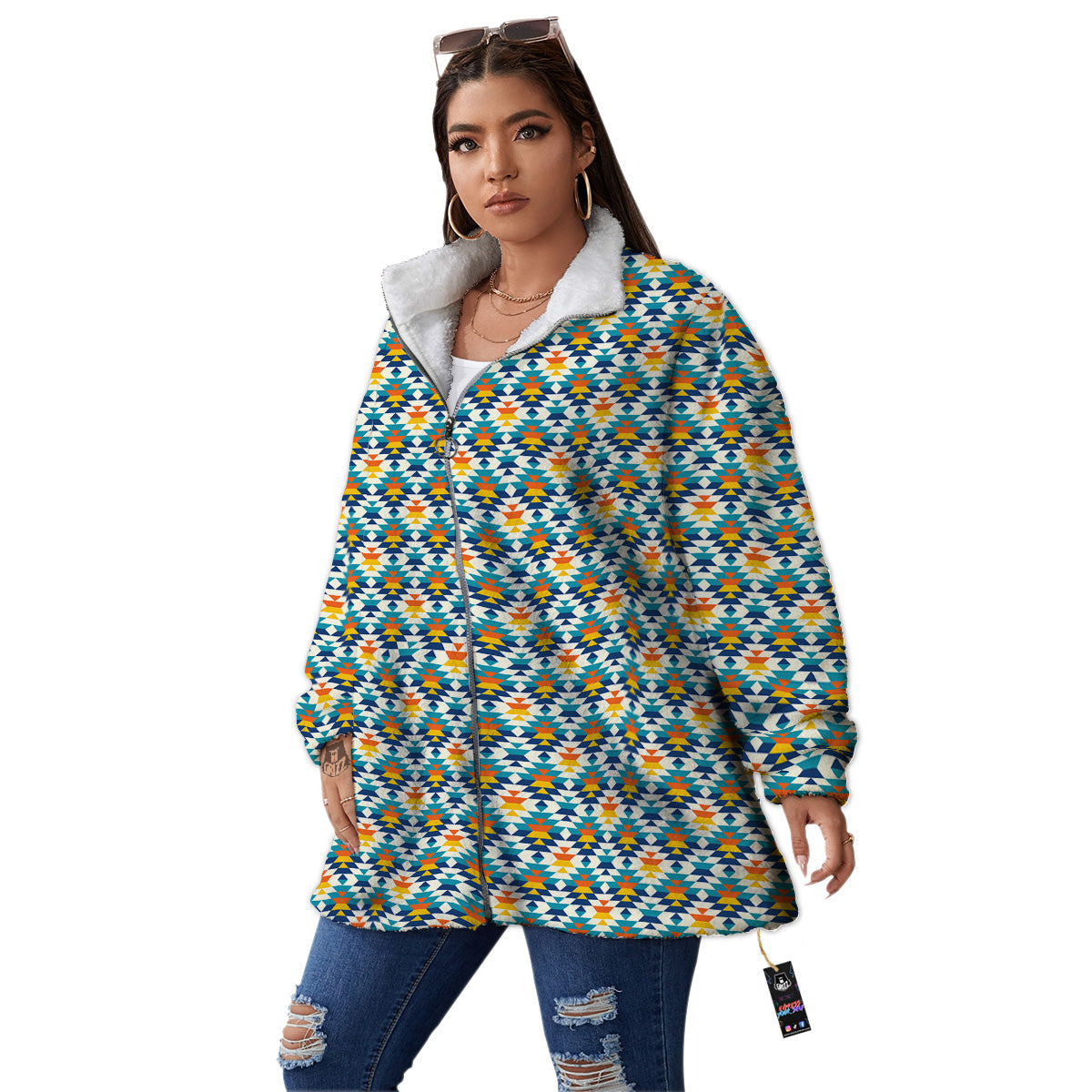 Southwestern Orange And Blue Print Women's Sherpa Jacket-grizzshop