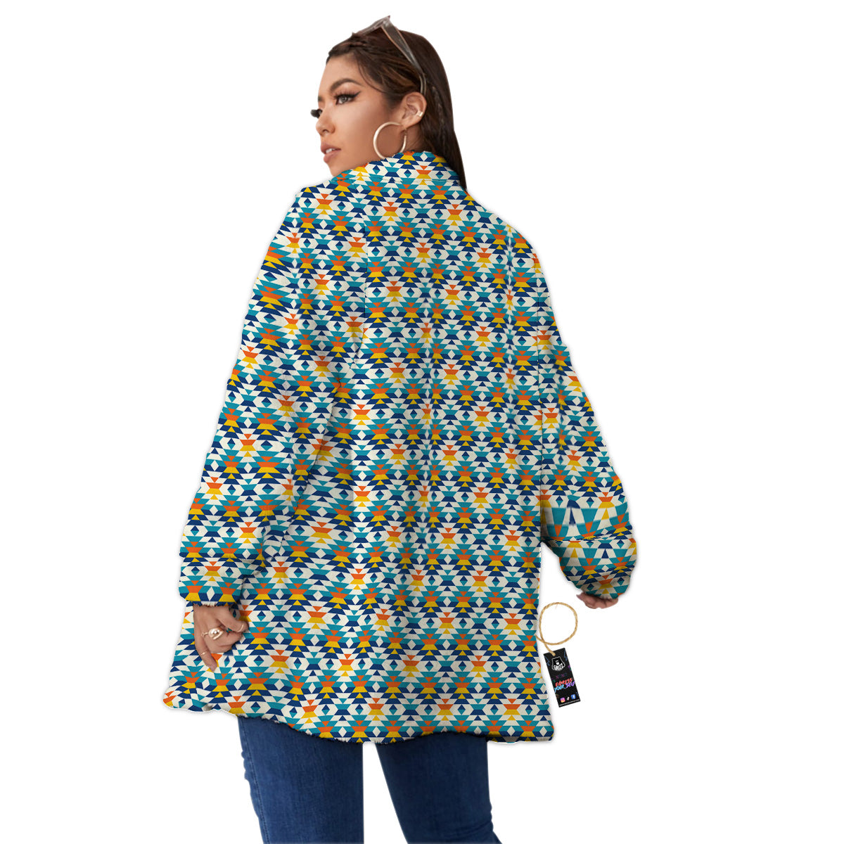 Southwestern Orange And Blue Print Women's Sherpa Jacket-grizzshop