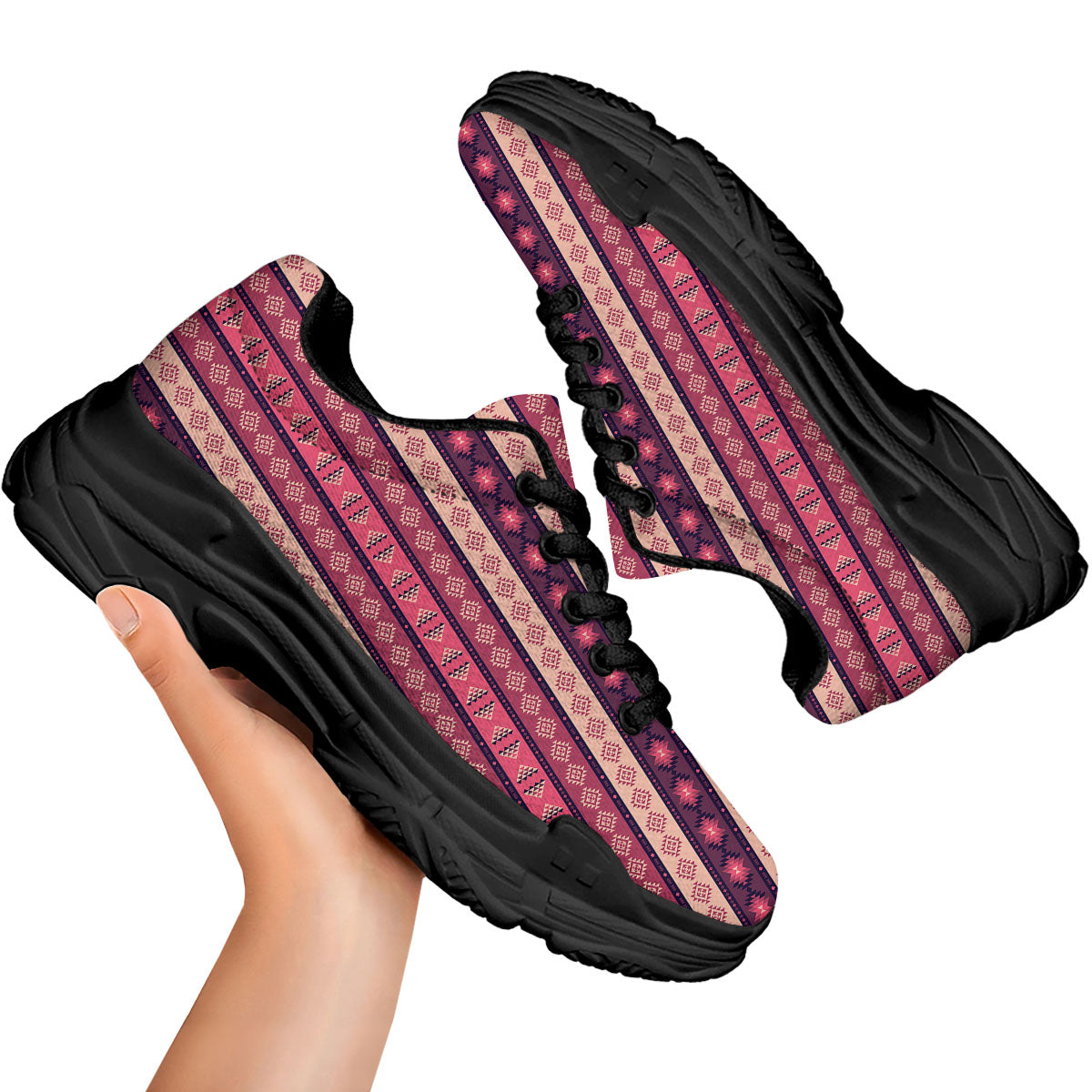 Southwestern Purple And Pink Print Pattern Black Chunky Shoes-grizzshop