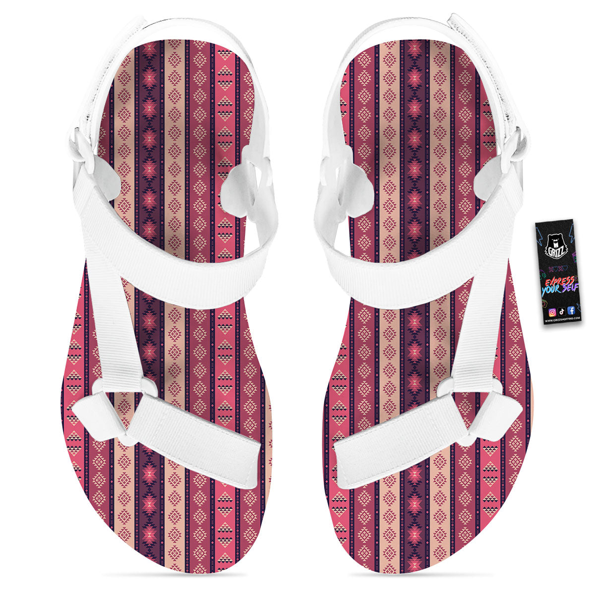 Southwestern Purple And Pink Print Pattern White Open Toe Sandals-grizzshop