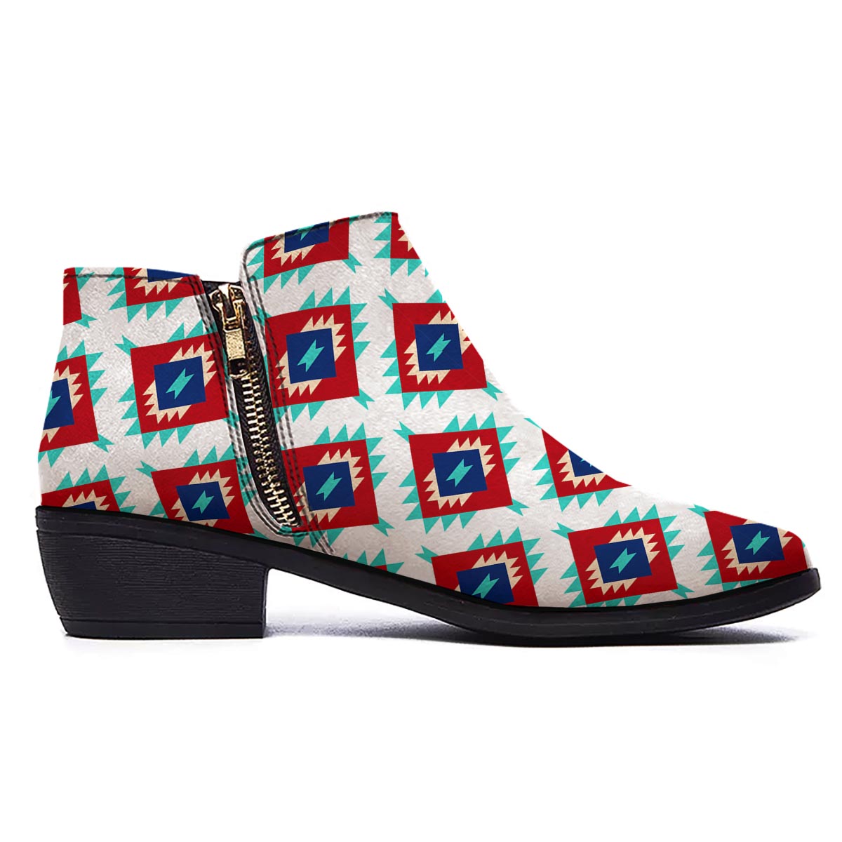 Southwestern Teal And Red Print Pattern Ankle Boots-grizzshop