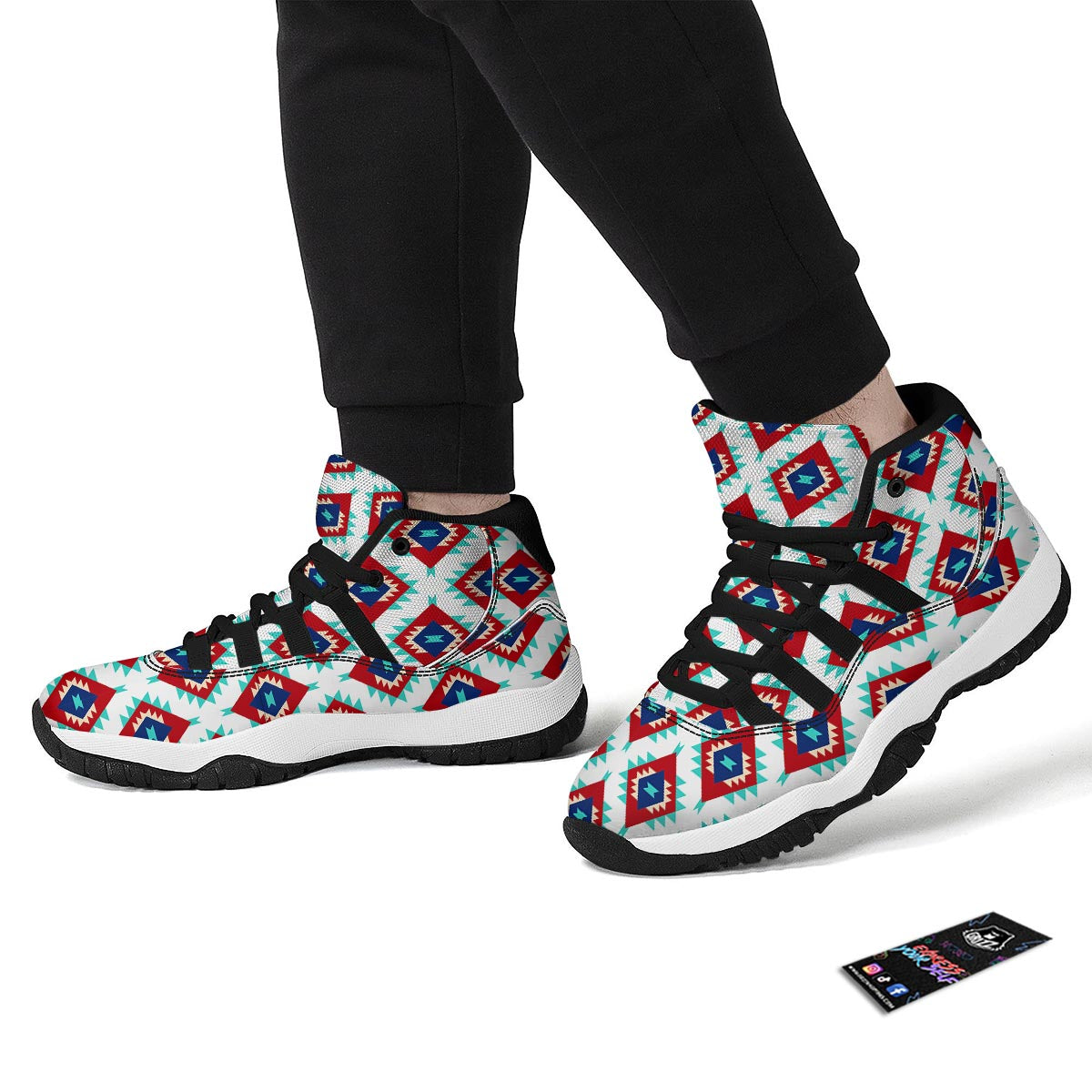Southwestern Teal And Red Print Pattern Black Bball Shoes-grizzshop