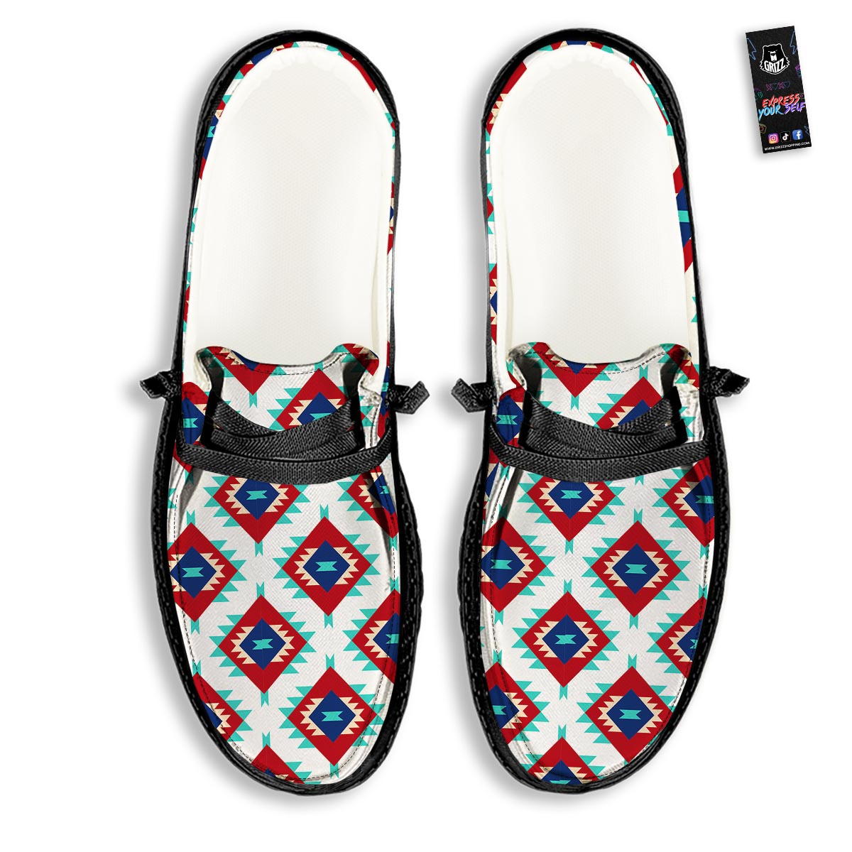 Southwestern Teal And Red Print Pattern Black Loafers-grizzshop