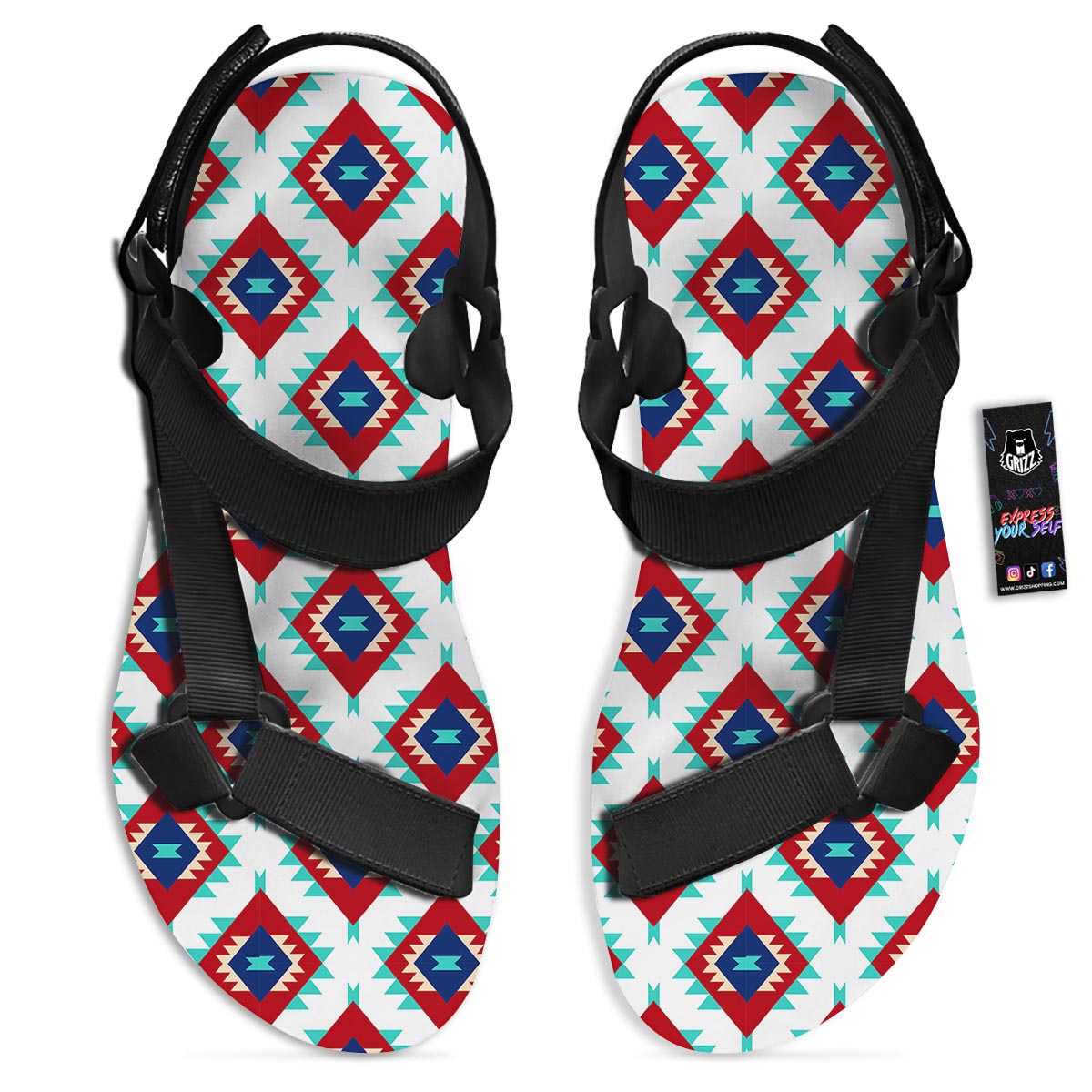Southwestern Teal And Red Print Pattern Black Open Toe Sandals-grizzshop