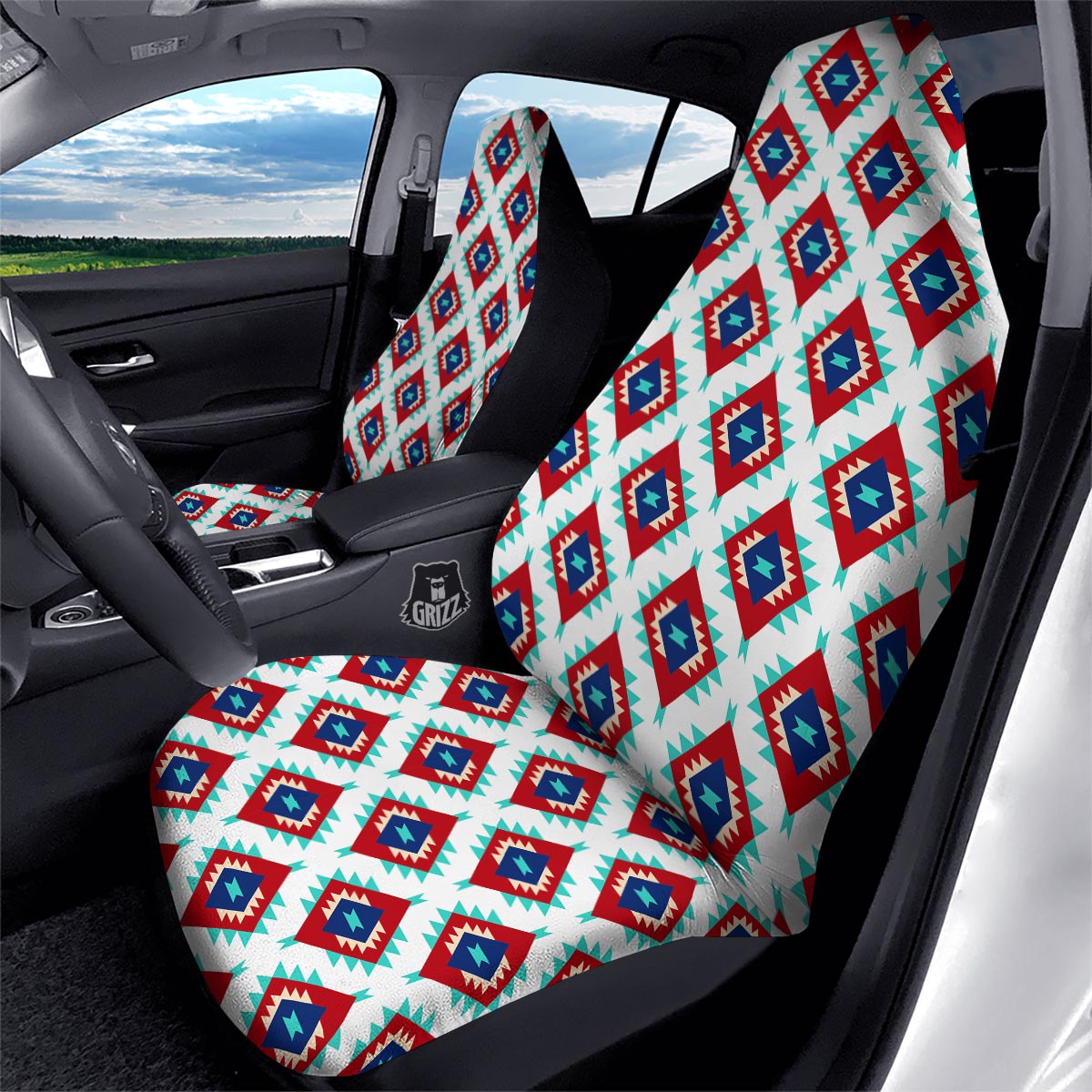 Southwestern Teal And Red Print Pattern Car Seat Covers-grizzshop