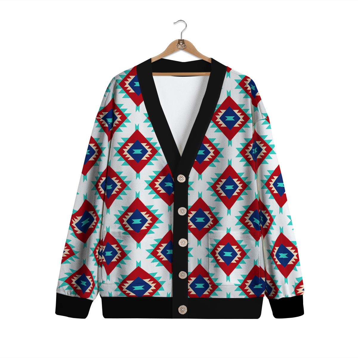 Southwestern Teal And Red Print Pattern Cardigan-grizzshop