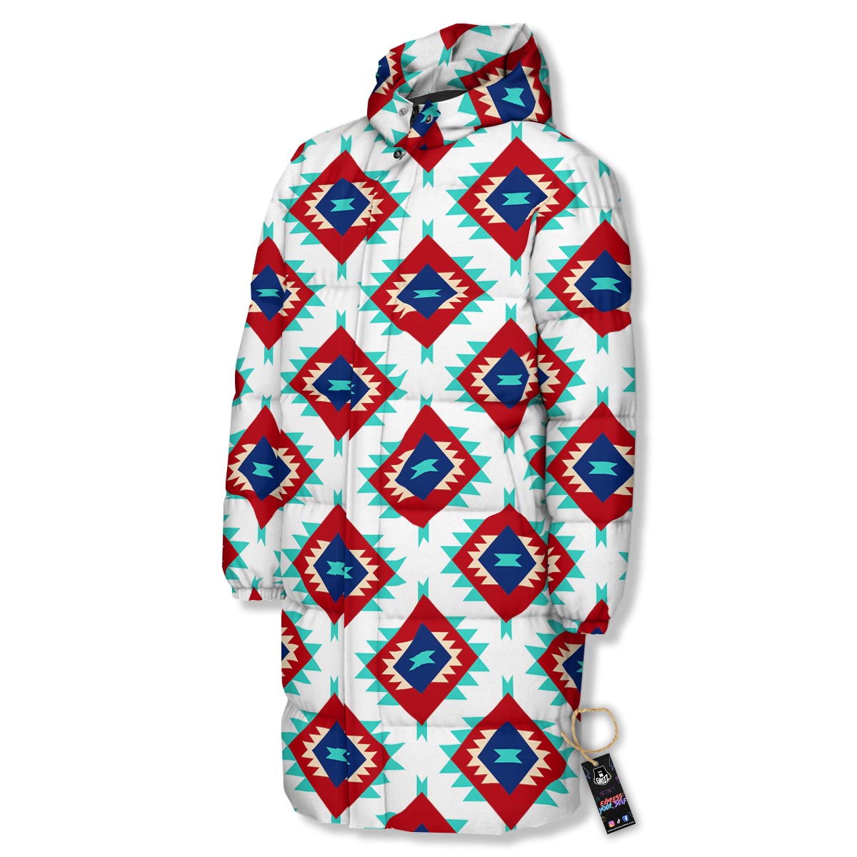Southwestern Teal And Red Print Pattern Long Down Jacket-grizzshop