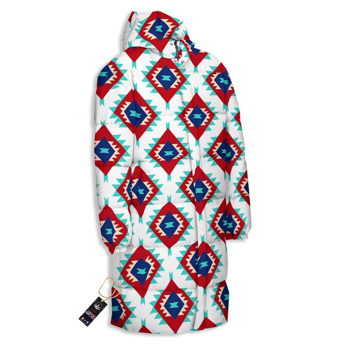 Southwestern Teal And Red Print Pattern Long Down Jacket-grizzshop