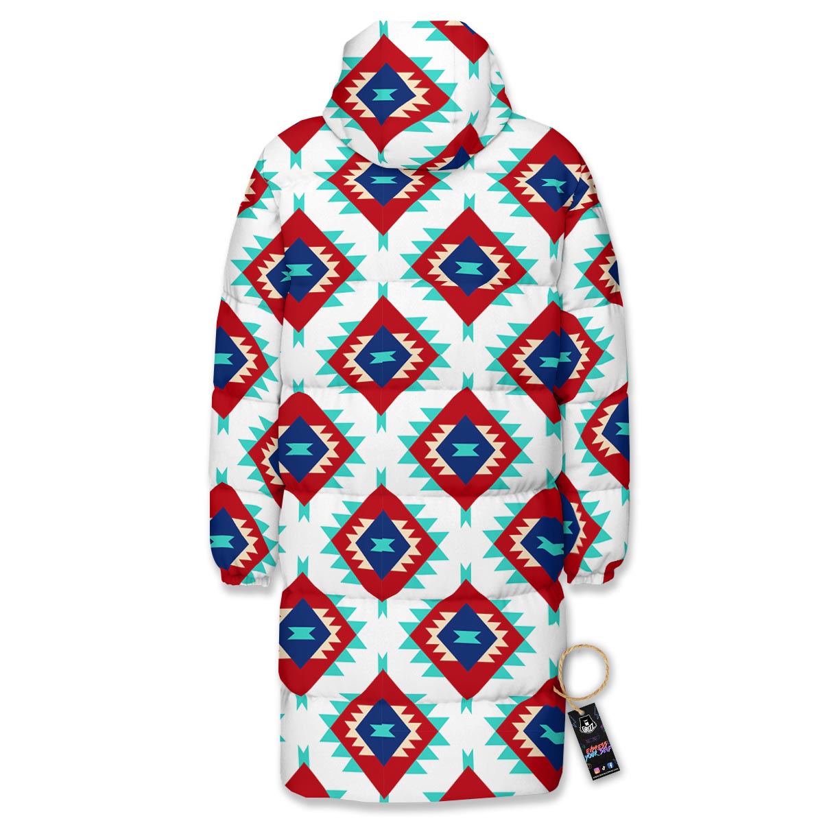 Southwestern Teal And Red Print Pattern Long Down Jacket-grizzshop