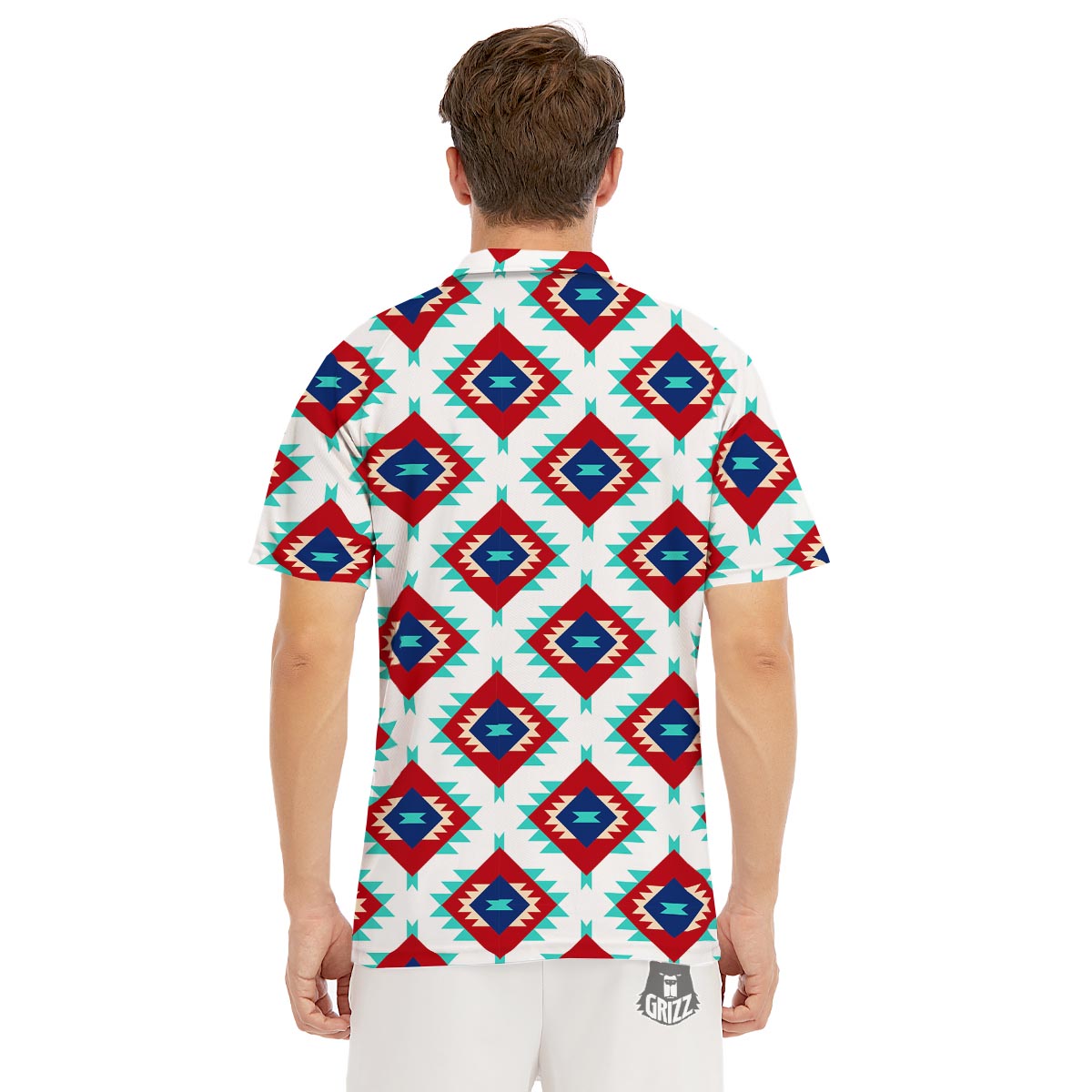 Southwestern Teal And Red Print Pattern Men's Golf Shirts-grizzshop
