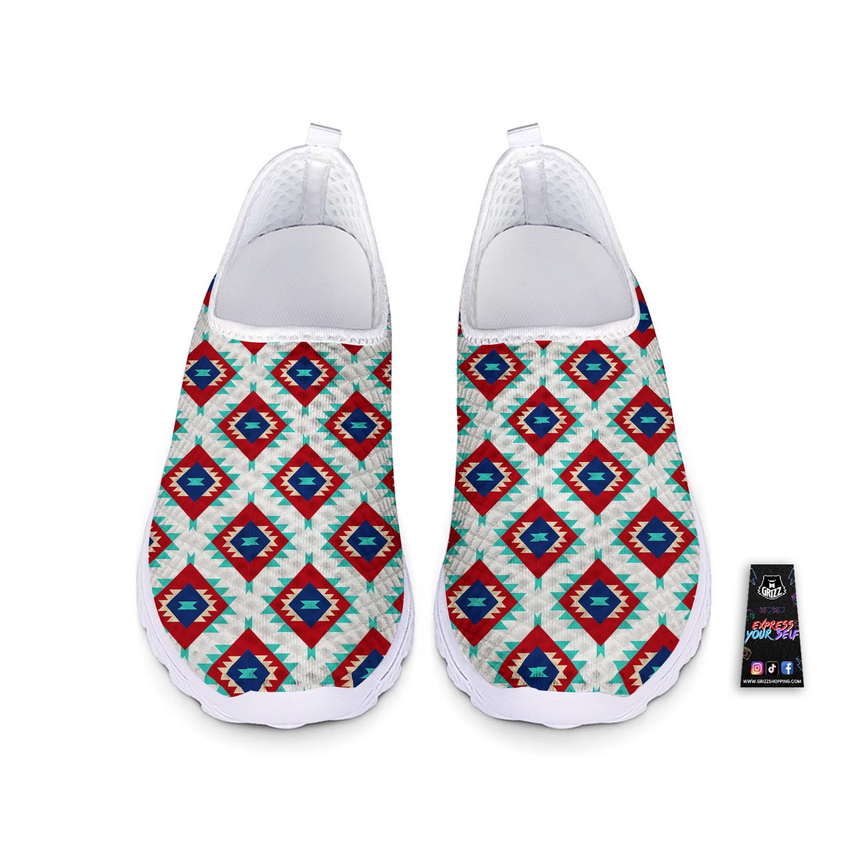 Southwestern Teal And Red Print Pattern Nurse Shoes-grizzshop