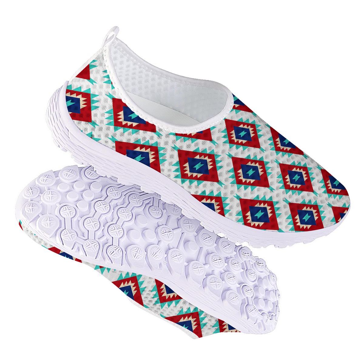 Southwestern Teal And Red Print Pattern Nurse Shoes-grizzshop