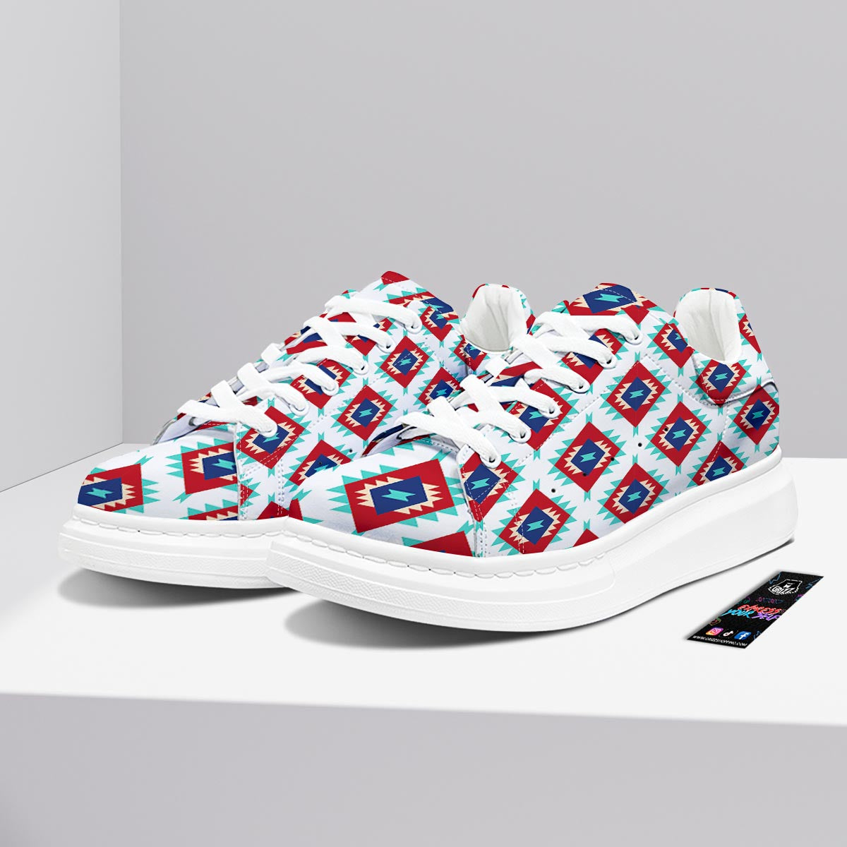 Southwestern Teal And Red Print Pattern Platform Shoes-grizzshop