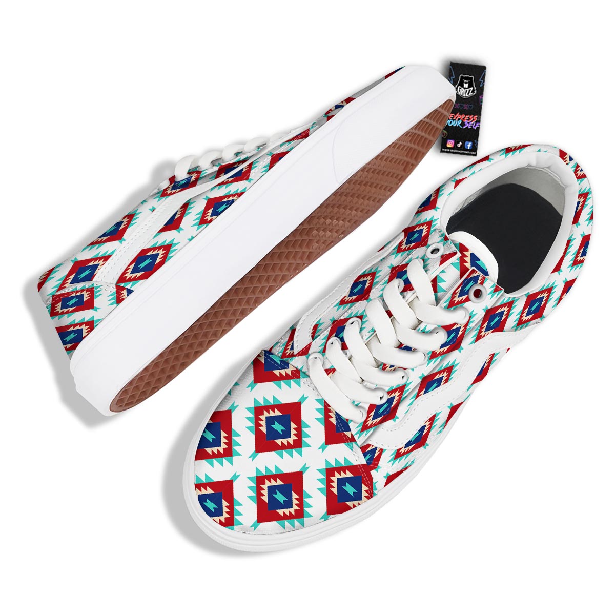 Southwestern Teal And Red Print Pattern Skate Shoes-grizzshop